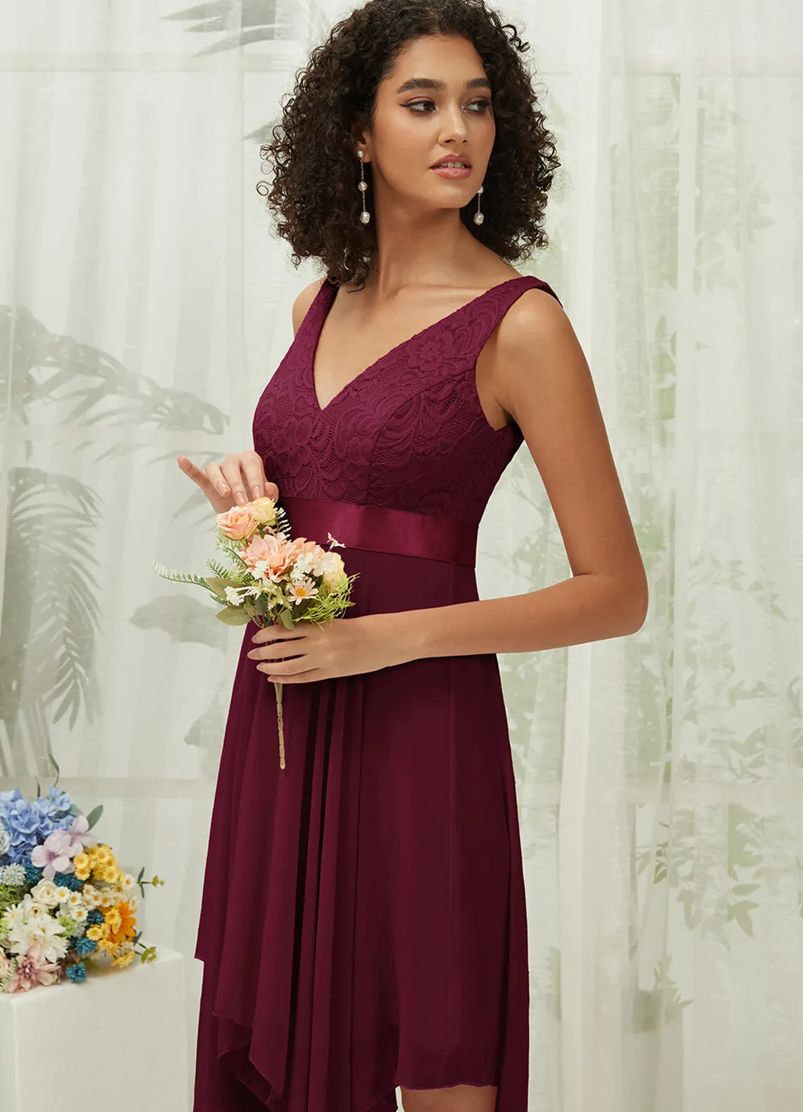 [Final Sale] Sangria Lace V-Neck Sleeveless Midi Length Chiffon Flowy Bridesmaid Dresses