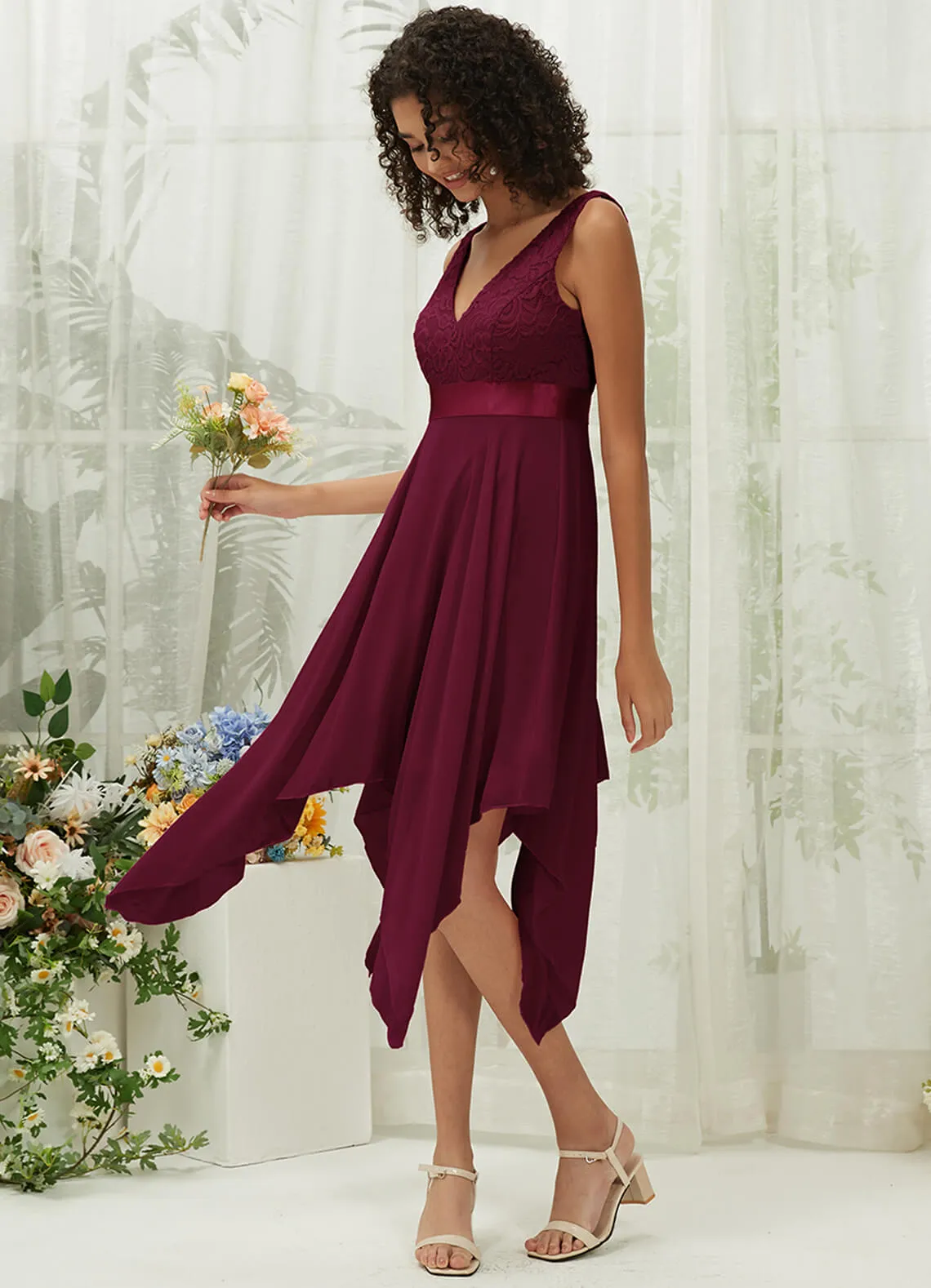 [Final Sale] Sangria Lace V-Neck Sleeveless Midi Length Chiffon Flowy Bridesmaid Dresses