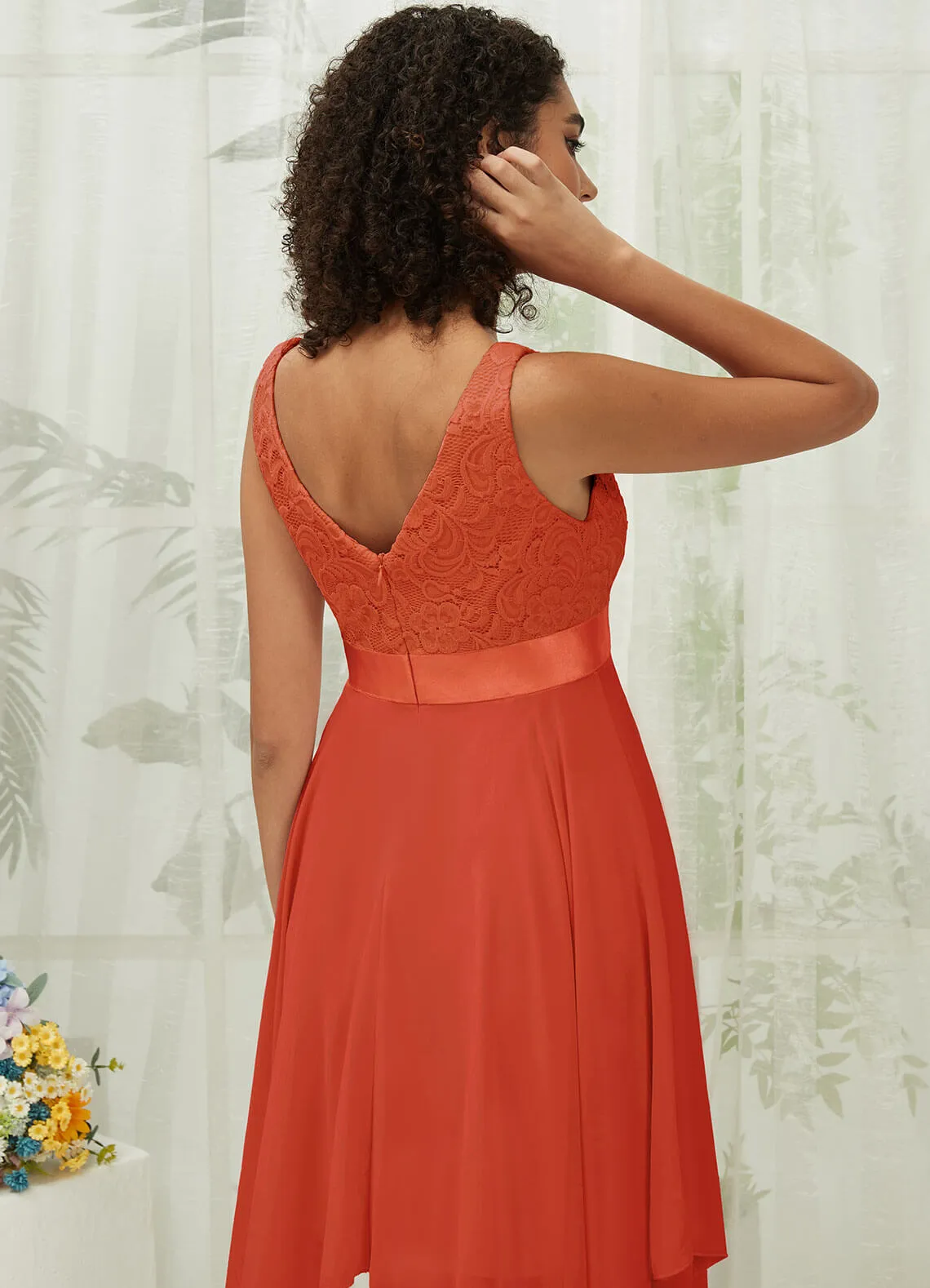[Final Sale] Terracotta Lace V-Neck Sleeveless Midi Length Chiffon Flowy Bridesmaid Dresses