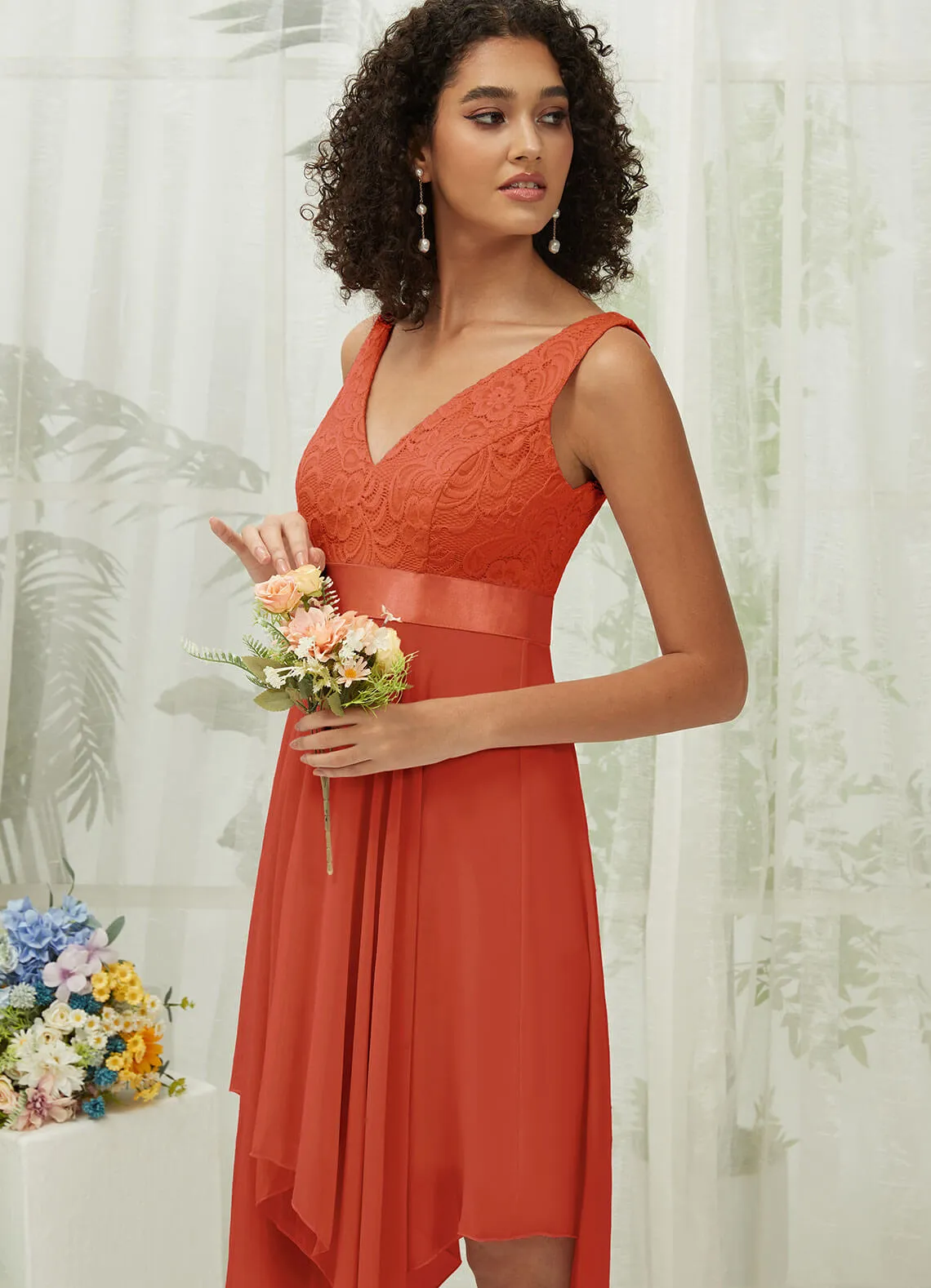 [Final Sale] Terracotta Lace V-Neck Sleeveless Midi Length Chiffon Flowy Bridesmaid Dresses