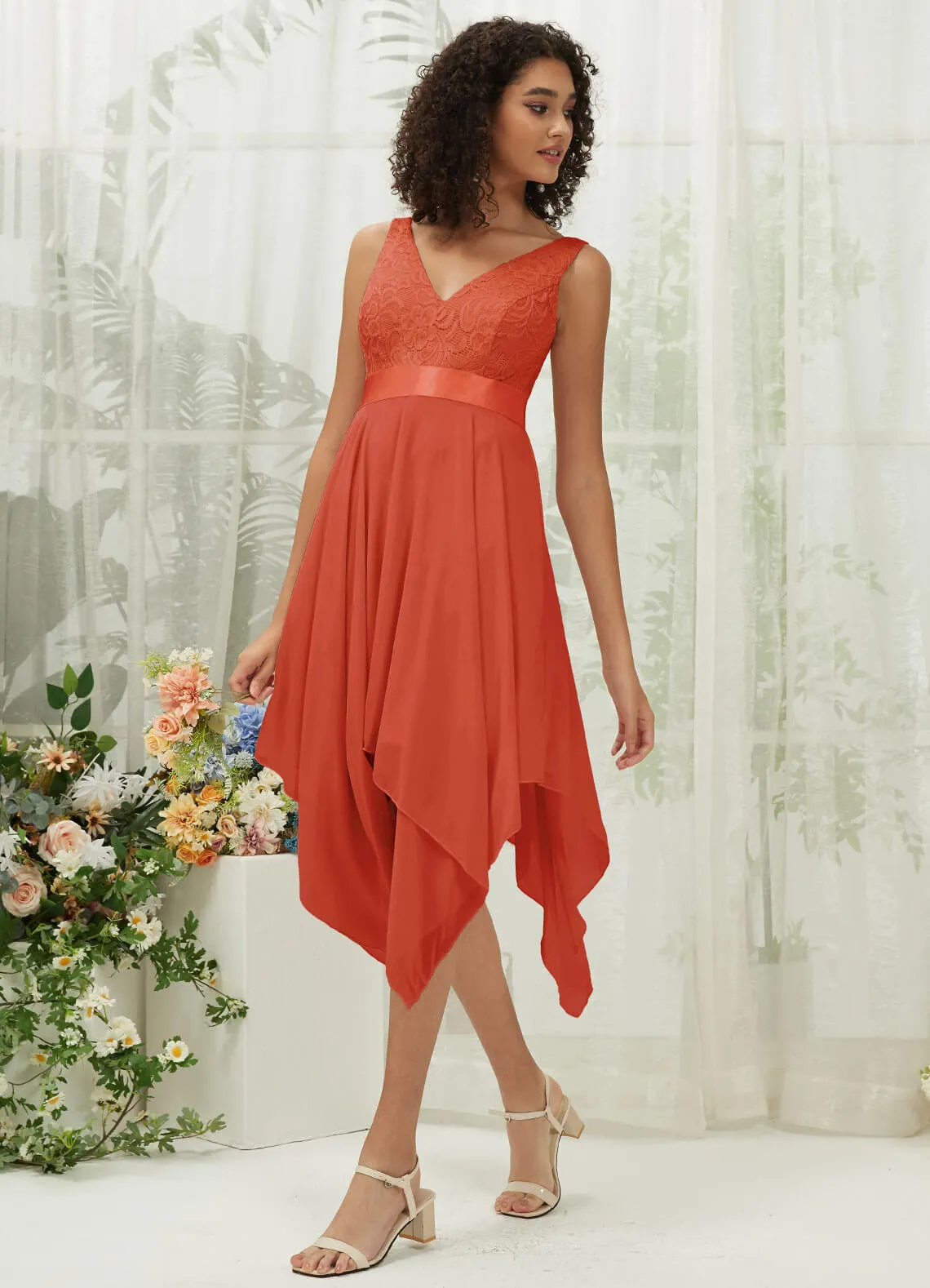 [Final Sale] Terracotta Lace V-Neck Sleeveless Midi Length Chiffon Flowy Bridesmaid Dresses