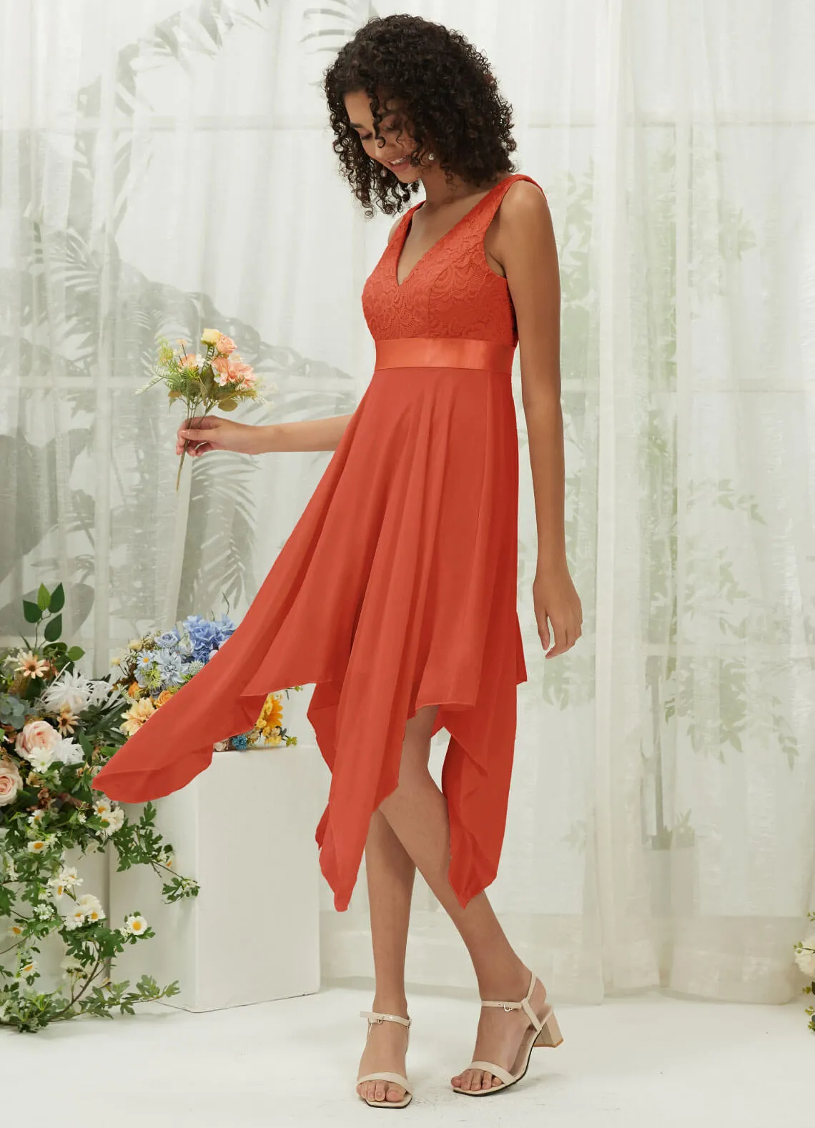 [Final Sale] Terracotta Lace V-Neck Sleeveless Midi Length Chiffon Flowy Bridesmaid Dresses