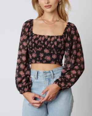Floral Peasant Tie Back Long Sleeve Crop Top