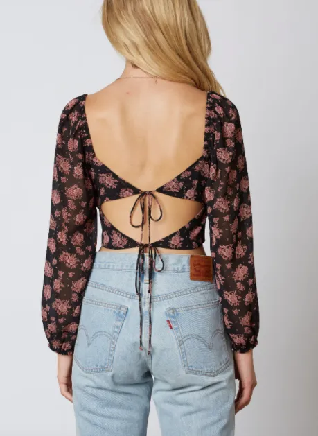 Floral Peasant Tie Back Long Sleeve Crop Top