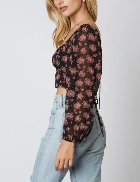 Floral Peasant Tie Back Long Sleeve Crop Top