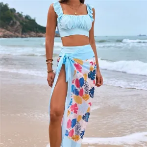 Floral Ruffled Hem Bikini Set - 3 Pieces
