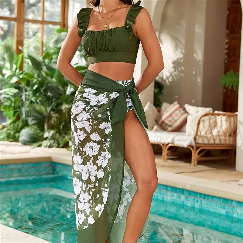 Floral Ruffled Hem Bikini Set - 3 Pieces