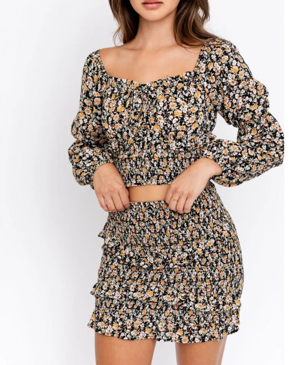 Floral Sheer Peasant Long Sleeve Crop Top