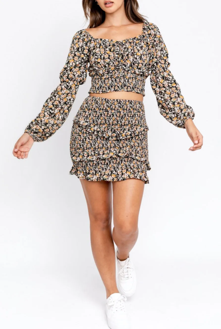 Floral Sheer Peasant Long Sleeve Crop Top