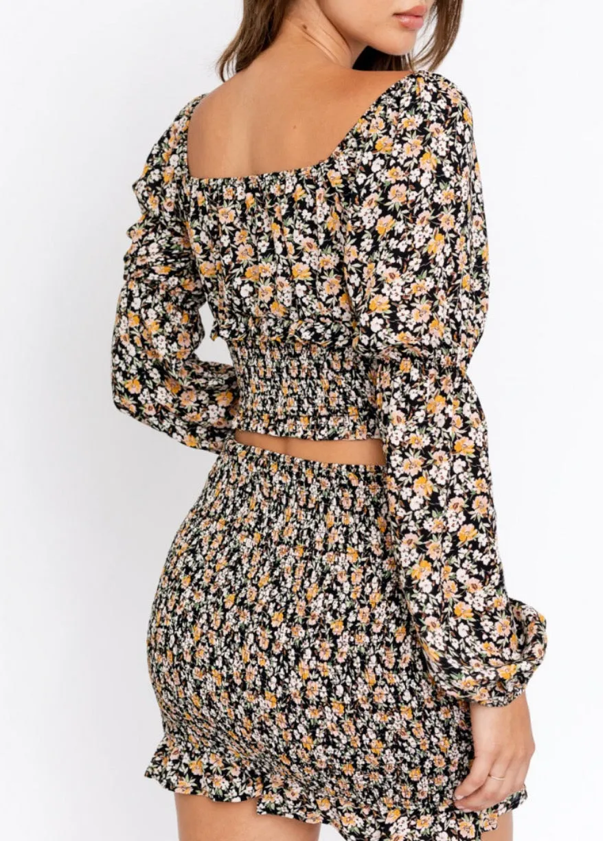 Floral Sheer Peasant Long Sleeve Crop Top