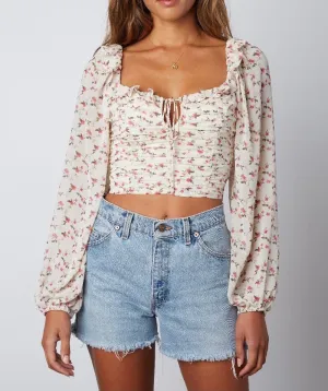 Floral Smock Tie Back Peasant Crop Top