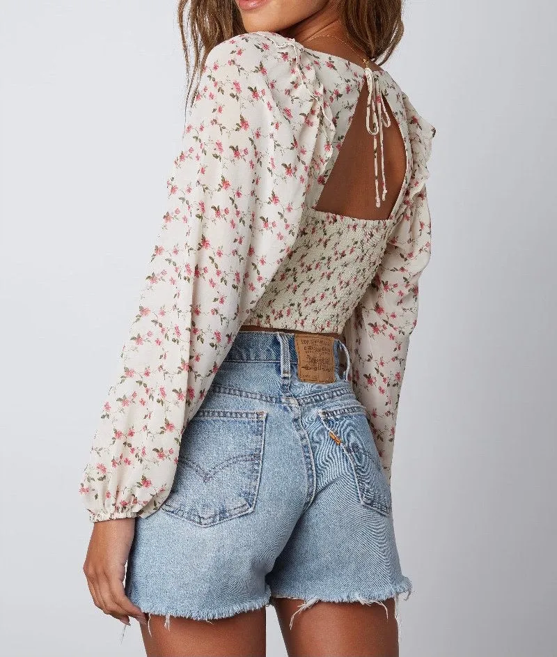 Floral Smock Tie Back Peasant Crop Top