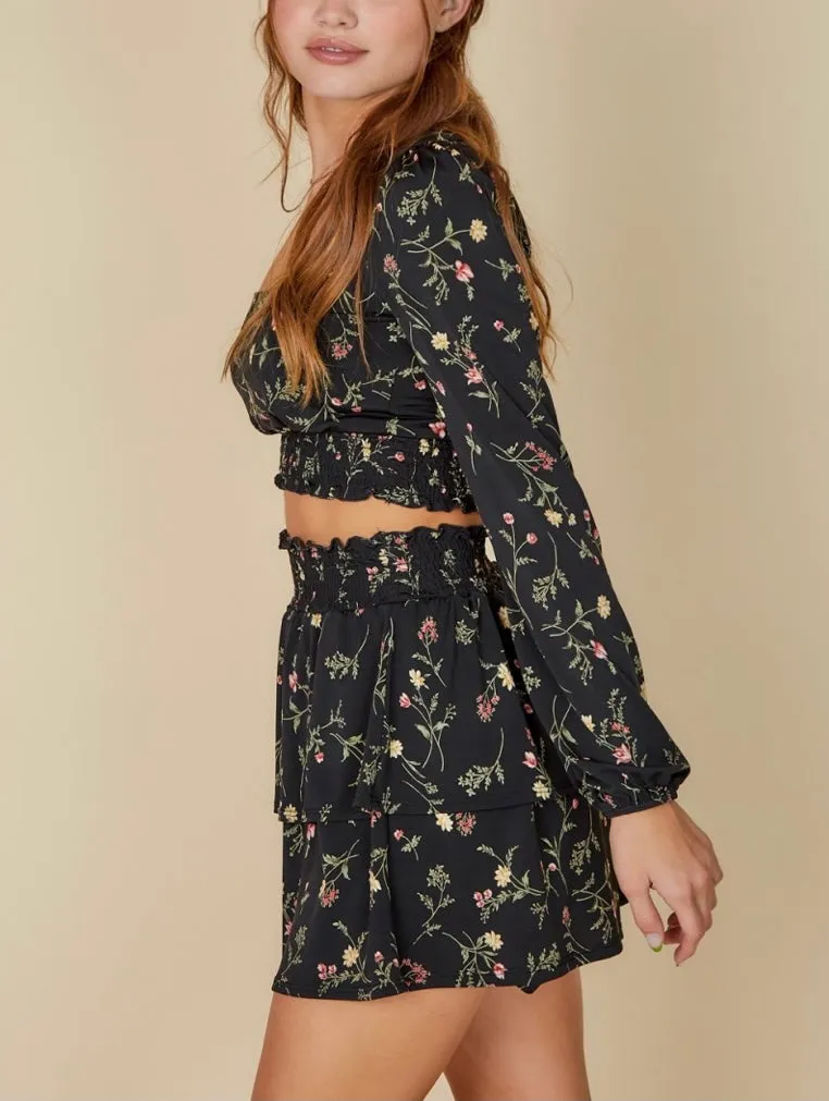 Floral Square Neck Smock Waist Long Sleeve Peasant Crop Top
