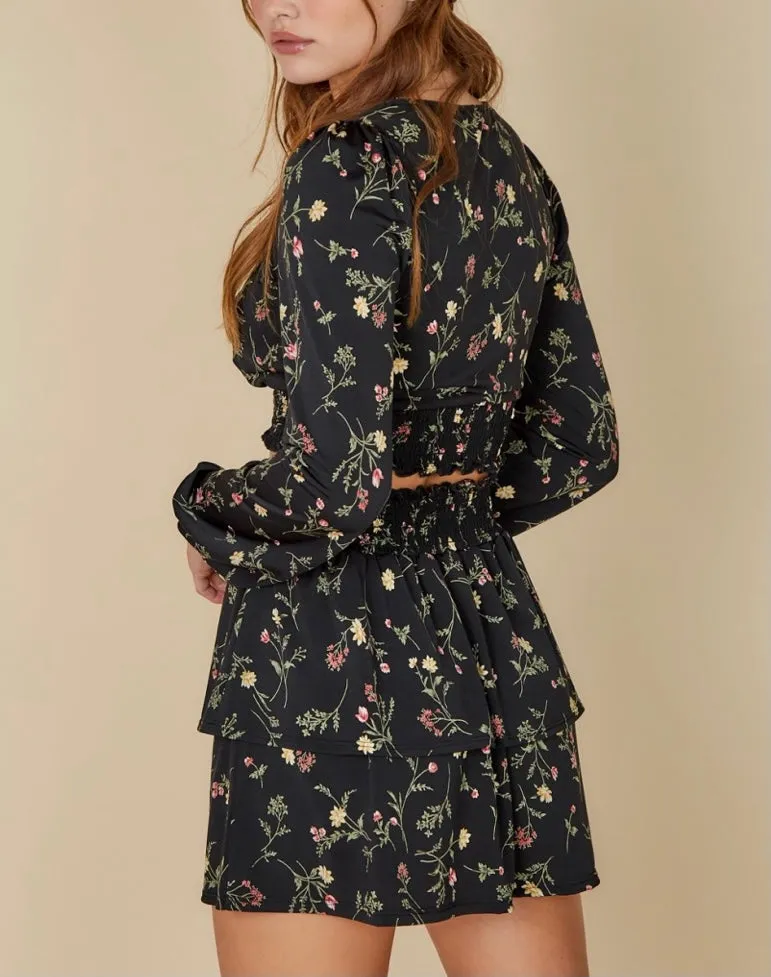 Floral Square Neck Smock Waist Long Sleeve Peasant Crop Top