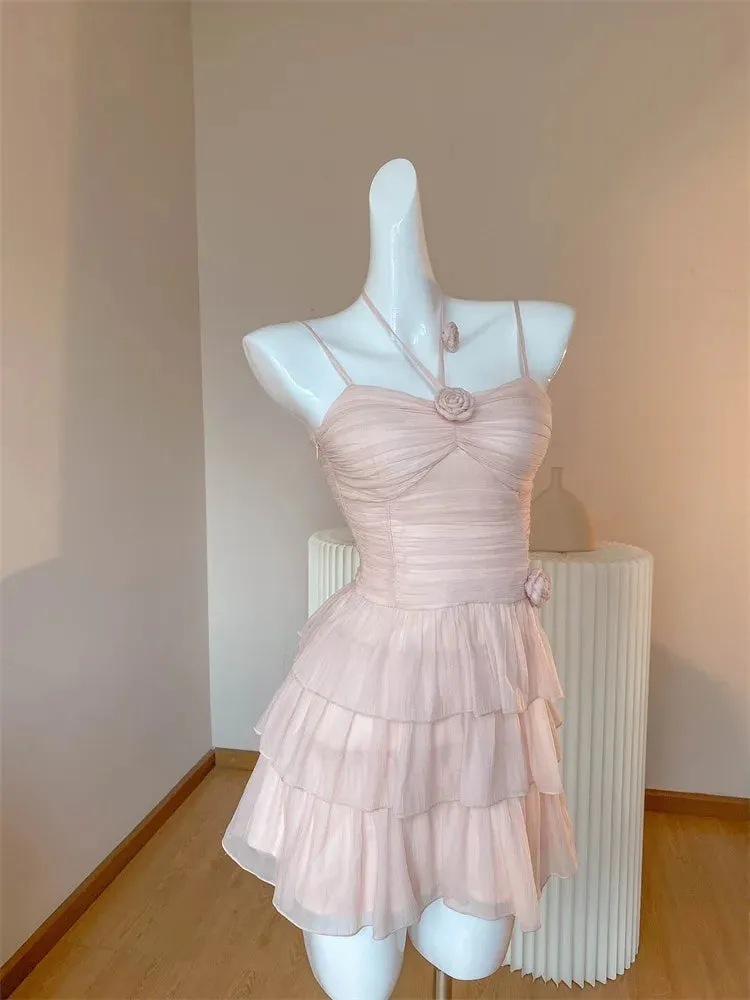 FLYTONN-Two Pieces Set Pink Sexy Y2k Aesthetic Fairy Ball Gown Camisole Dress Japanese Women Sweet Grunge Fashion Long Sleeve Cardigans