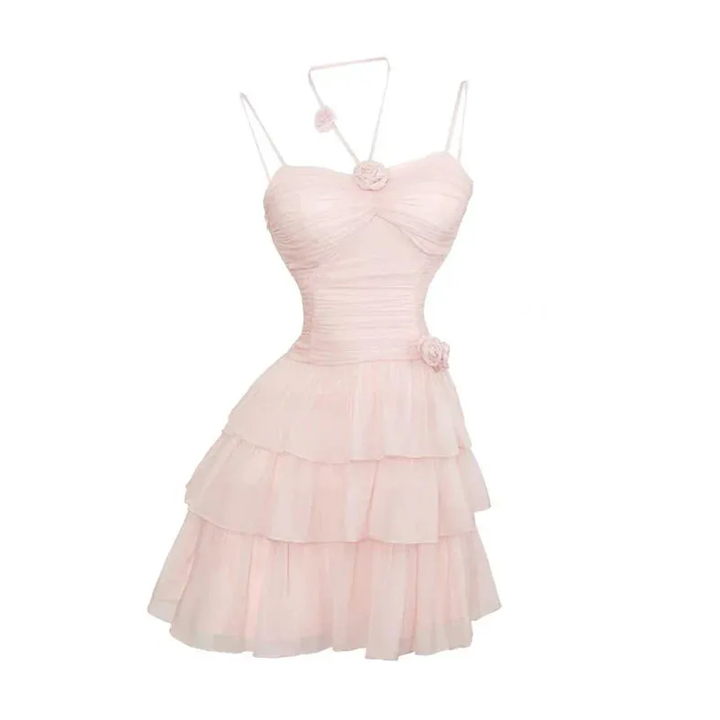 FLYTONN-Two Pieces Set Pink Sexy Y2k Aesthetic Fairy Ball Gown Camisole Dress Japanese Women Sweet Grunge Fashion Long Sleeve Cardigans