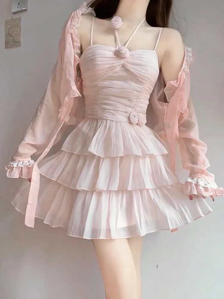 FLYTONN-Two Pieces Set Pink Sexy Y2k Aesthetic Fairy Ball Gown Camisole Dress Japanese Women Sweet Grunge Fashion Long Sleeve Cardigans