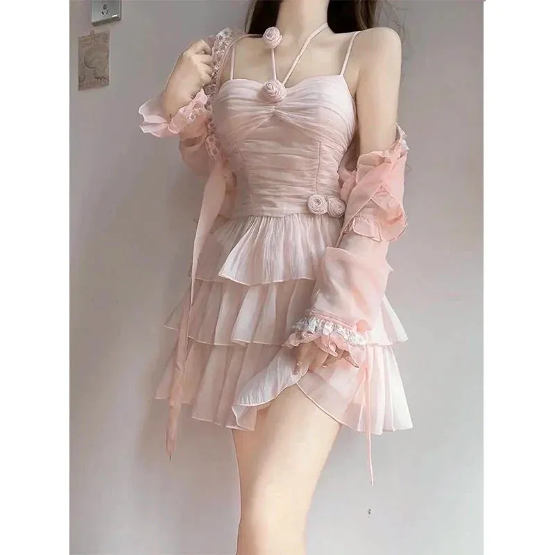 FLYTONN-Two Pieces Set Pink Sexy Y2k Aesthetic Fairy Ball Gown Camisole Dress Japanese Women Sweet Grunge Fashion Long Sleeve Cardigans