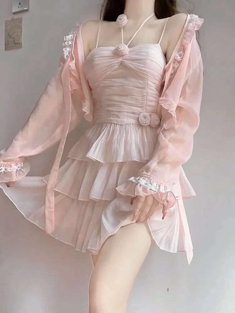 FLYTONN-Two Pieces Set Pink Sexy Y2k Aesthetic Fairy Ball Gown Camisole Dress Japanese Women Sweet Grunge Fashion Long Sleeve Cardigans