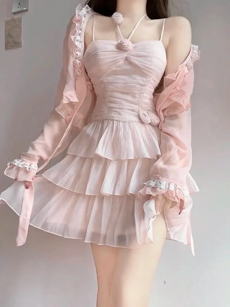 FLYTONN-Two Pieces Set Pink Sexy Y2k Aesthetic Fairy Ball Gown Camisole Dress Japanese Women Sweet Grunge Fashion Long Sleeve Cardigans
