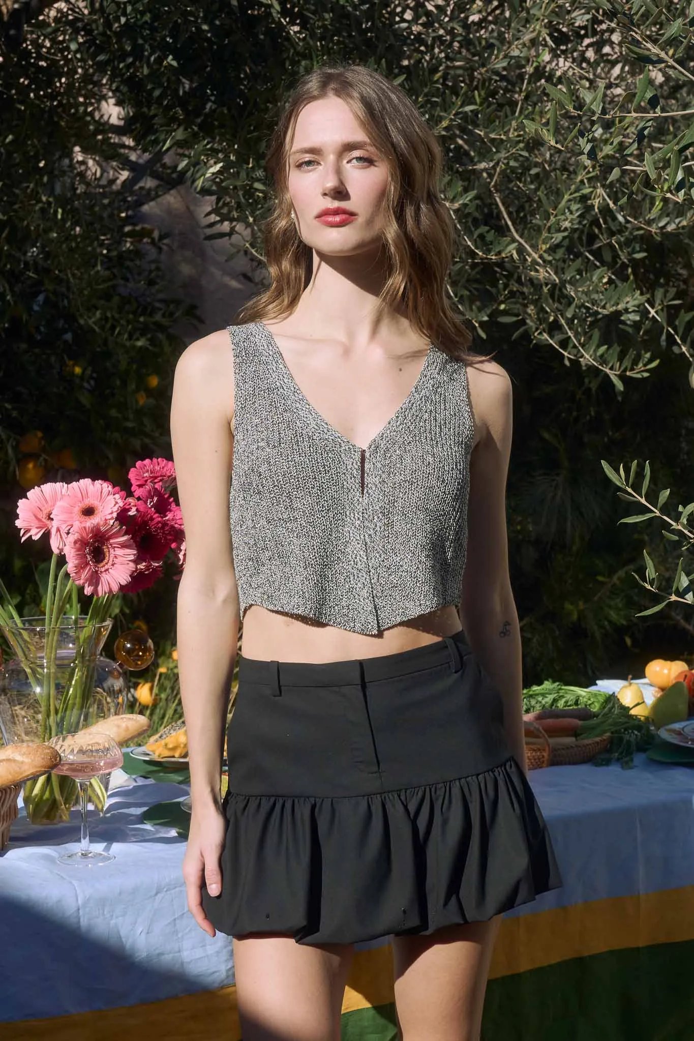 FRONT HOOK CROPPED KNIT CARDIGAN VEST