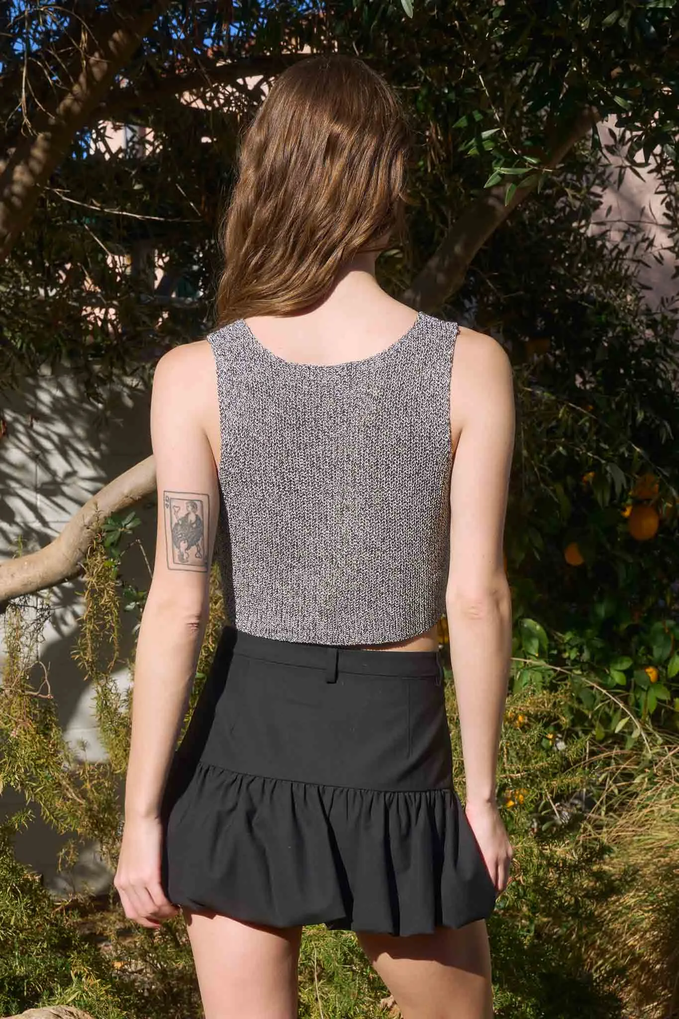 FRONT HOOK CROPPED KNIT CARDIGAN VEST