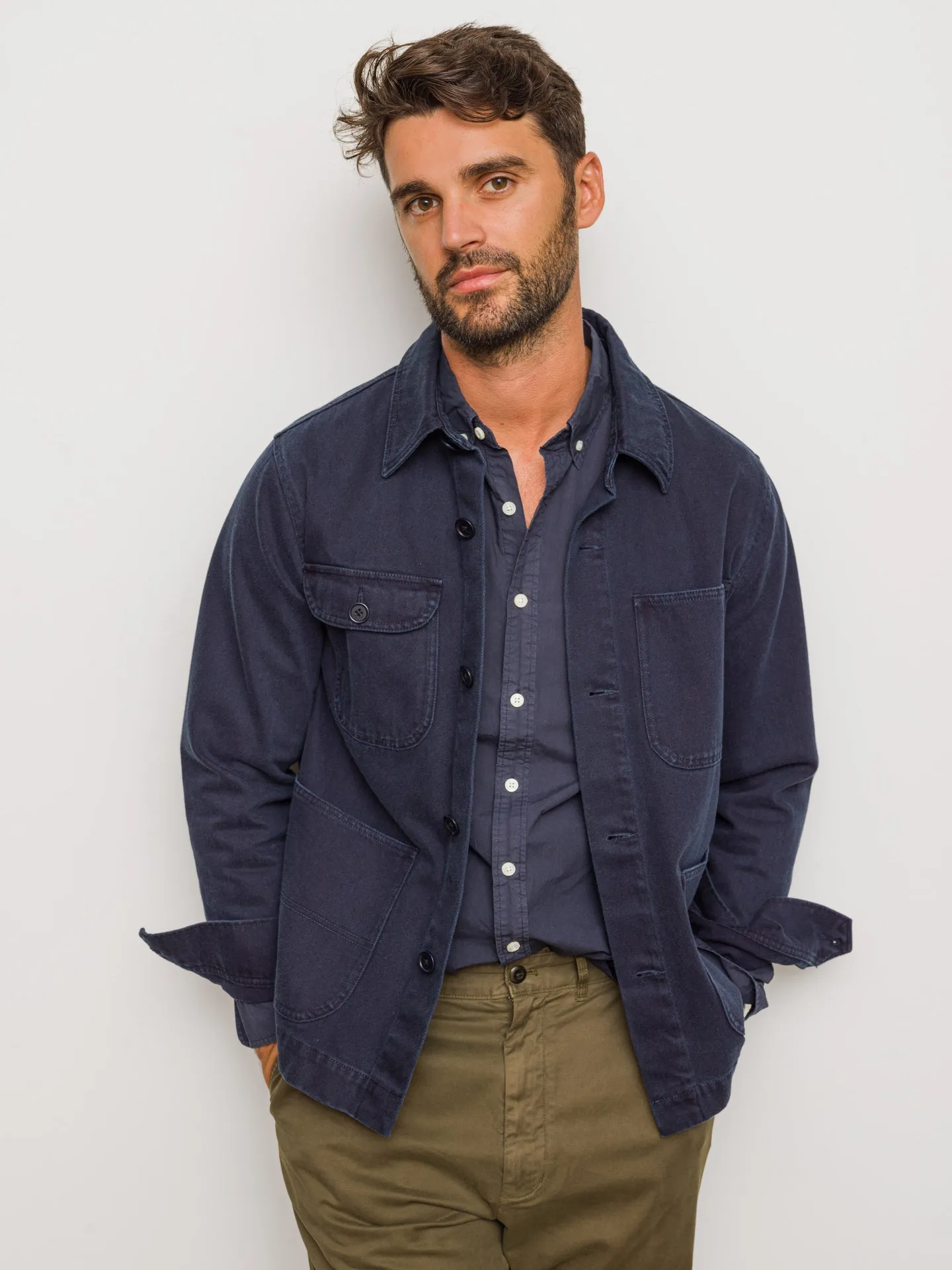 Garment Dyed Work Jacket in Recycled Denim - Dark Navy