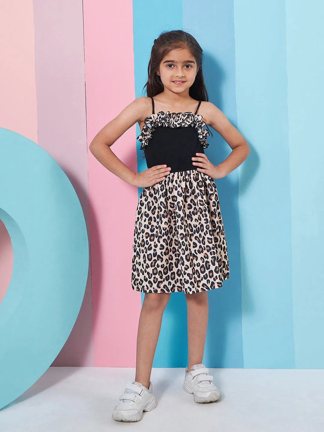 Girls Abstract Printed Shoulder Straps Fit Flare Dress