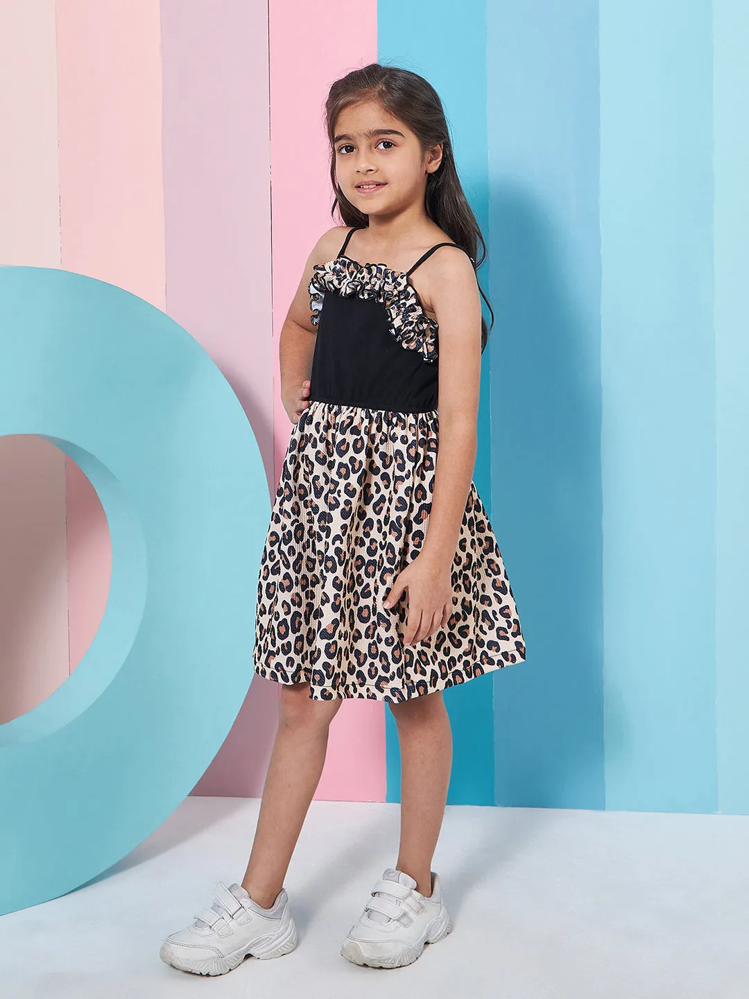 Girls Abstract Printed Shoulder Straps Fit Flare Dress