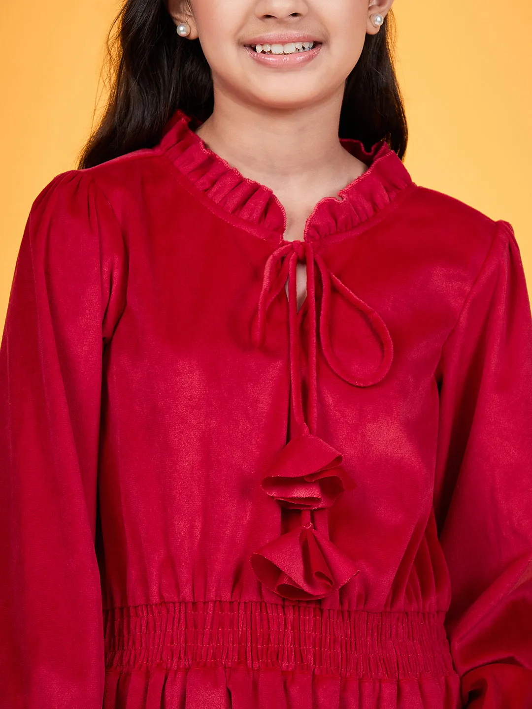 Girls Tie-Up Neck Puff Sleeves Gathered Velvet Fit Flare Dress