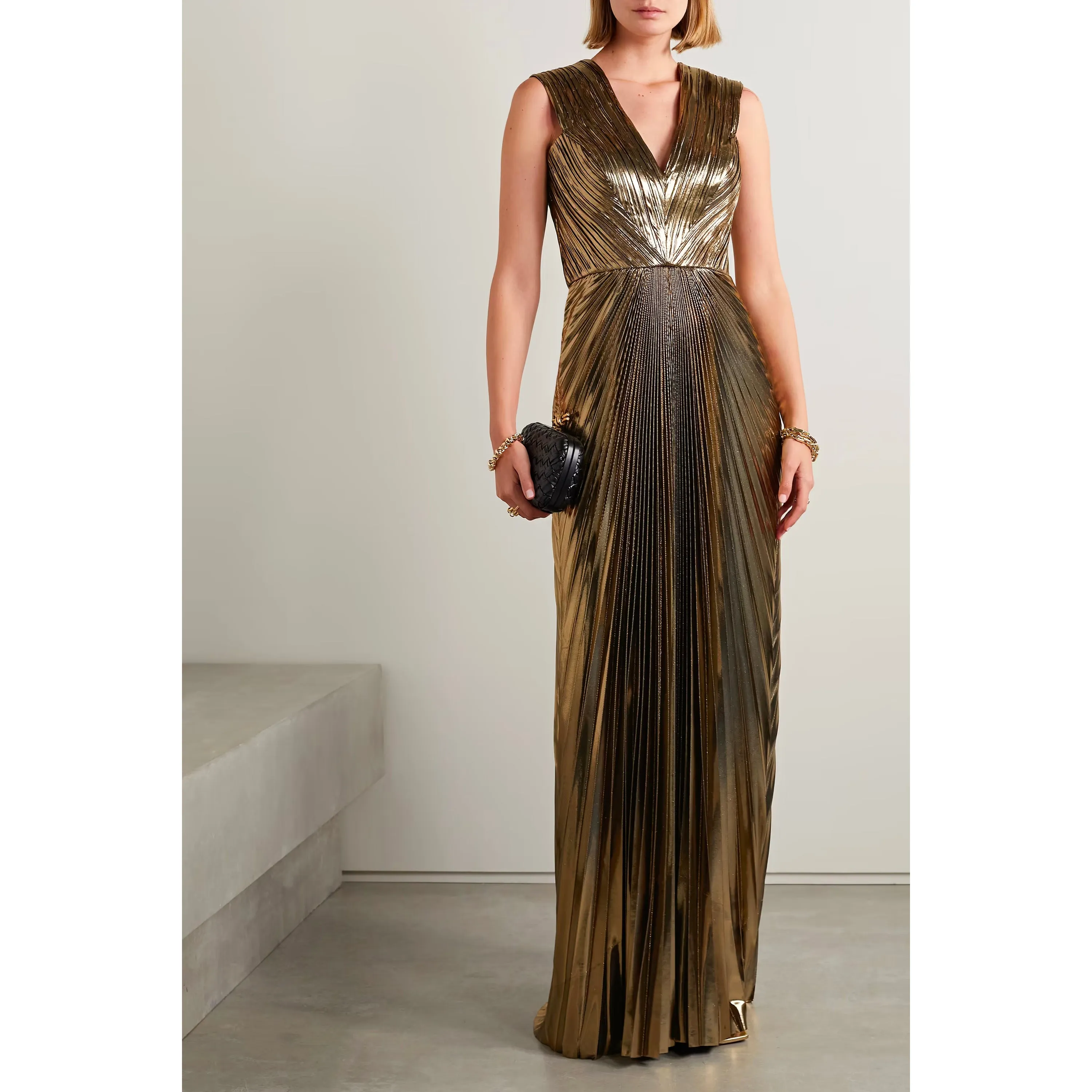 Gold Pleated Metallic Lamé Gown