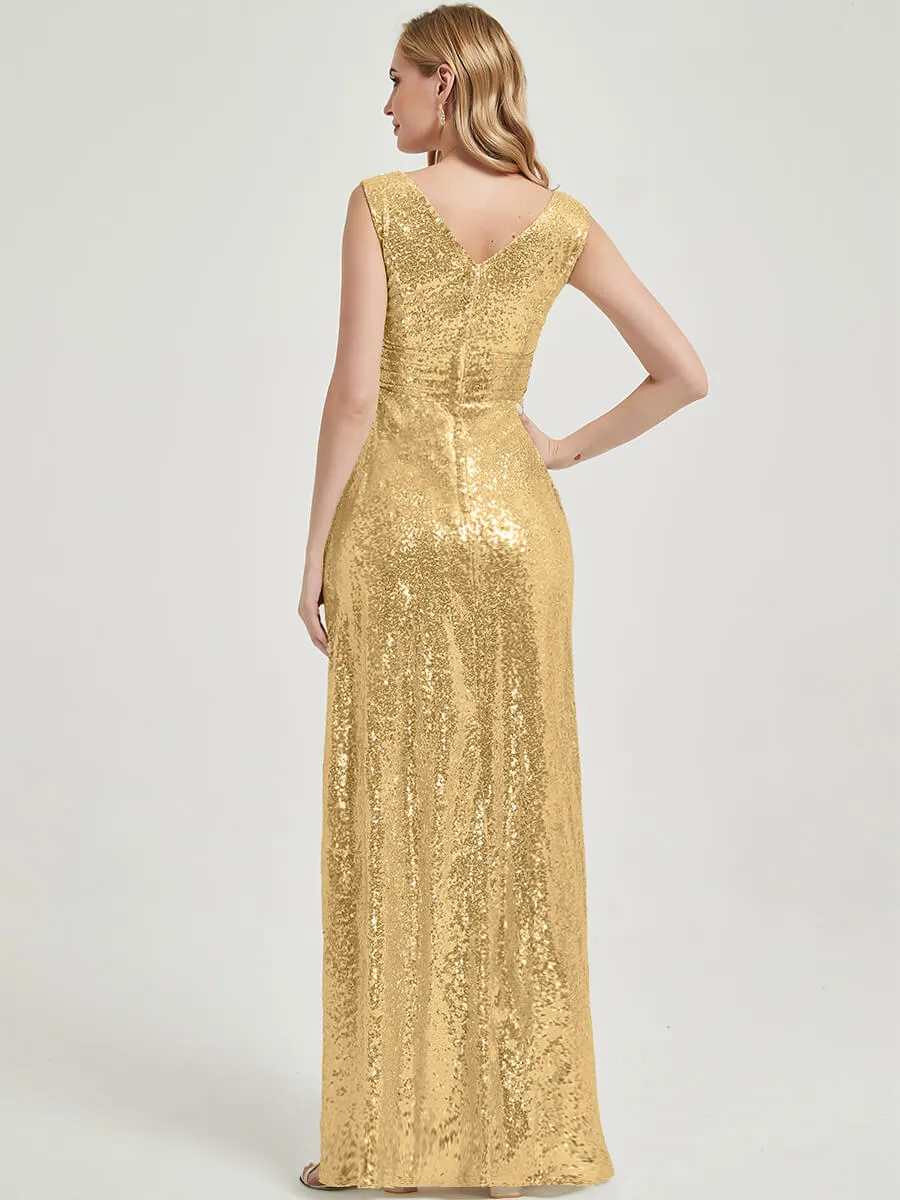 Gold V-Neck Sleeveless Empire Floor Length Sequin Bridesmaid Dress