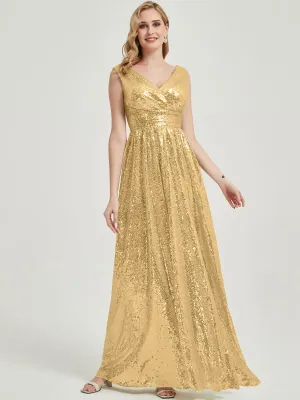Gold V-Neck Sleeveless Empire Floor Length Sequin Bridesmaid Dress