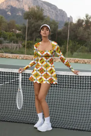 Golden Ember Long Sleeve Court Dress – Women’s Activewear for Tennis, Pickleball & Sports Performance