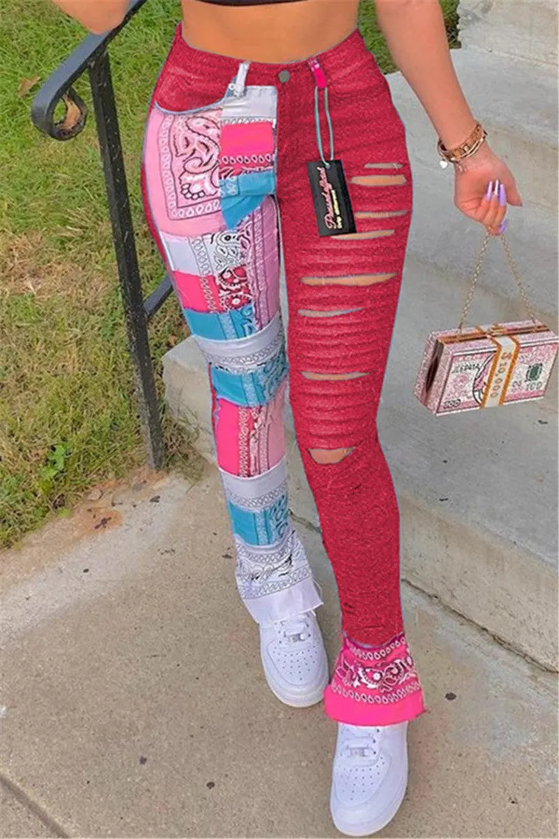 Goosudu Fashion Casual Print Ripped Regular Trousers