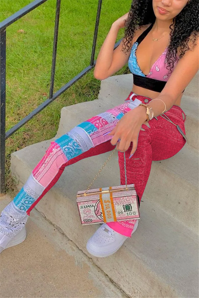 Goosudu Fashion Casual Print Ripped Regular Trousers