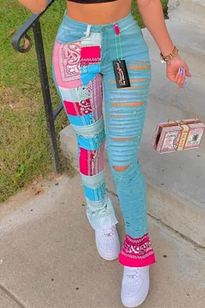 Goosudu Fashion Casual Print Ripped Regular Trousers