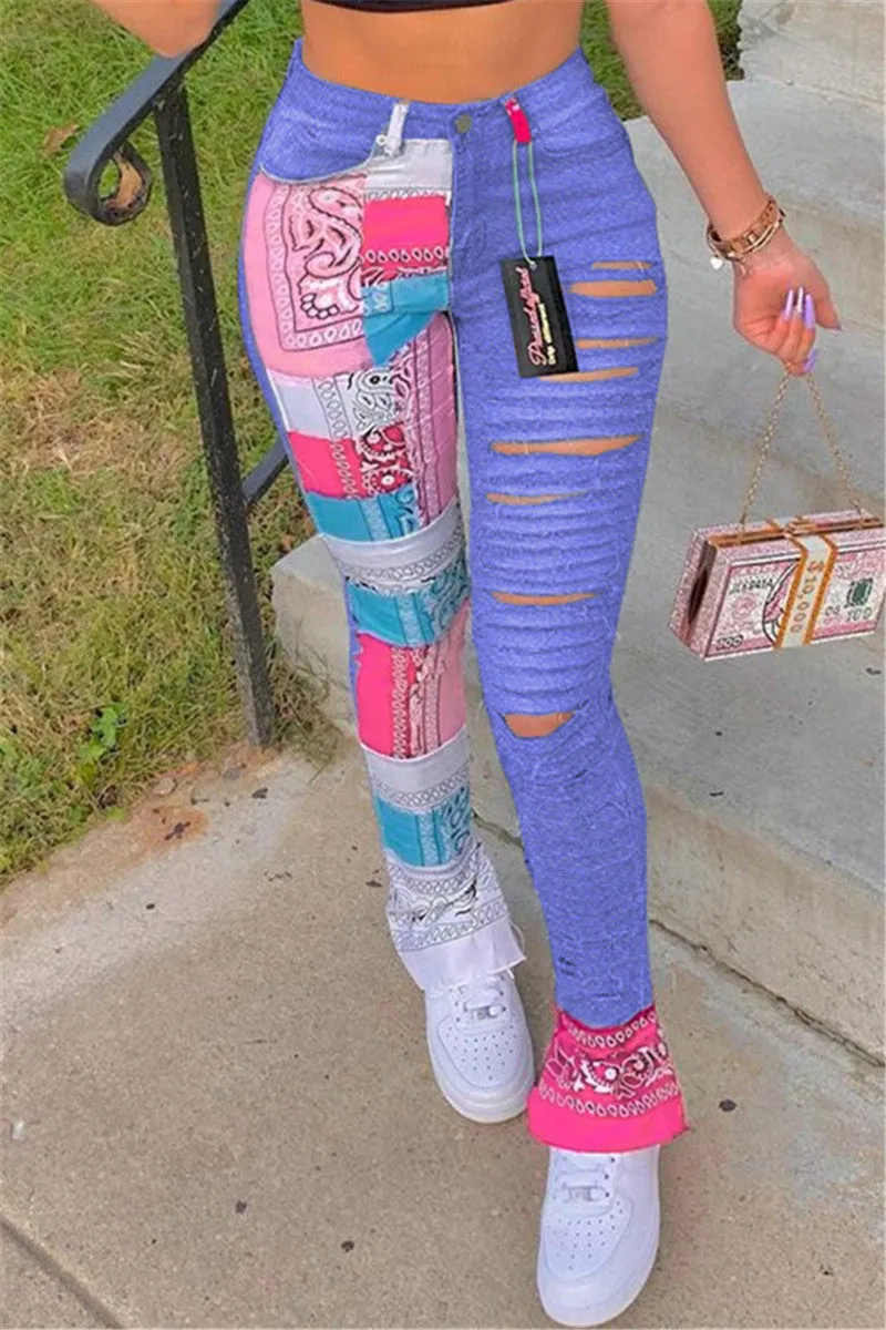 Goosudu Fashion Casual Print Ripped Regular Trousers