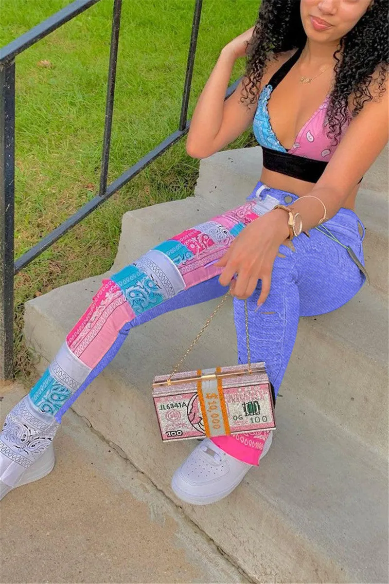 Goosudu Fashion Casual Print Ripped Regular Trousers