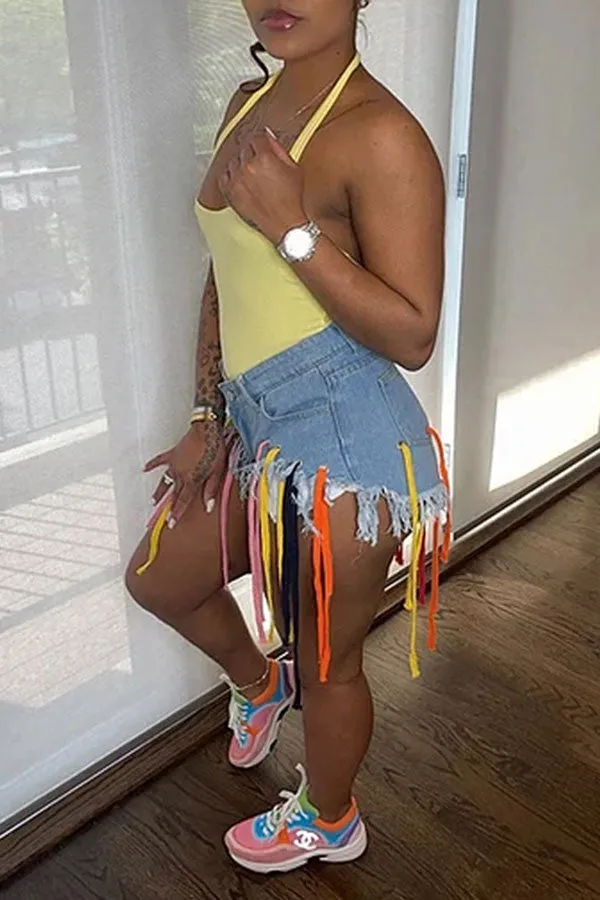 Goosudu Solid Color Casual Tassels Shorts
