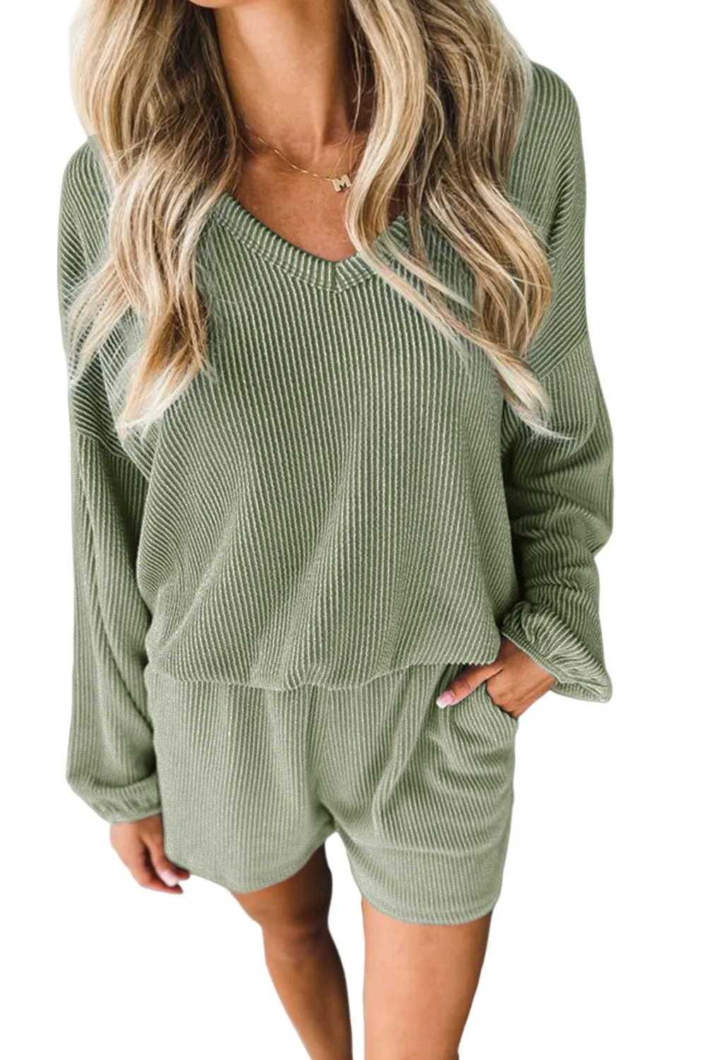 Grass Green Corded V Neck Slouchy Top Pocketed Shorts Set