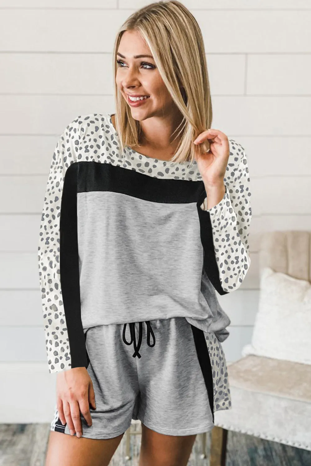 Gray Leopard Colorblock Patchwork Pullover and Shorts Set
