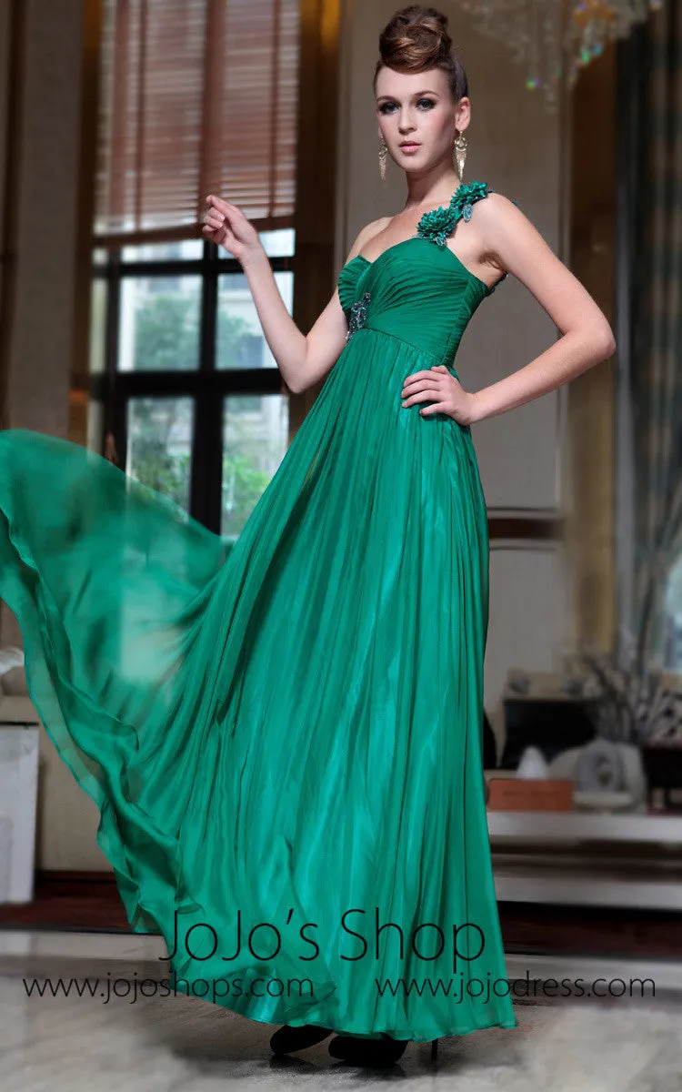 Grecian Green One Shoulder Empire Formal Prom Evening Dress