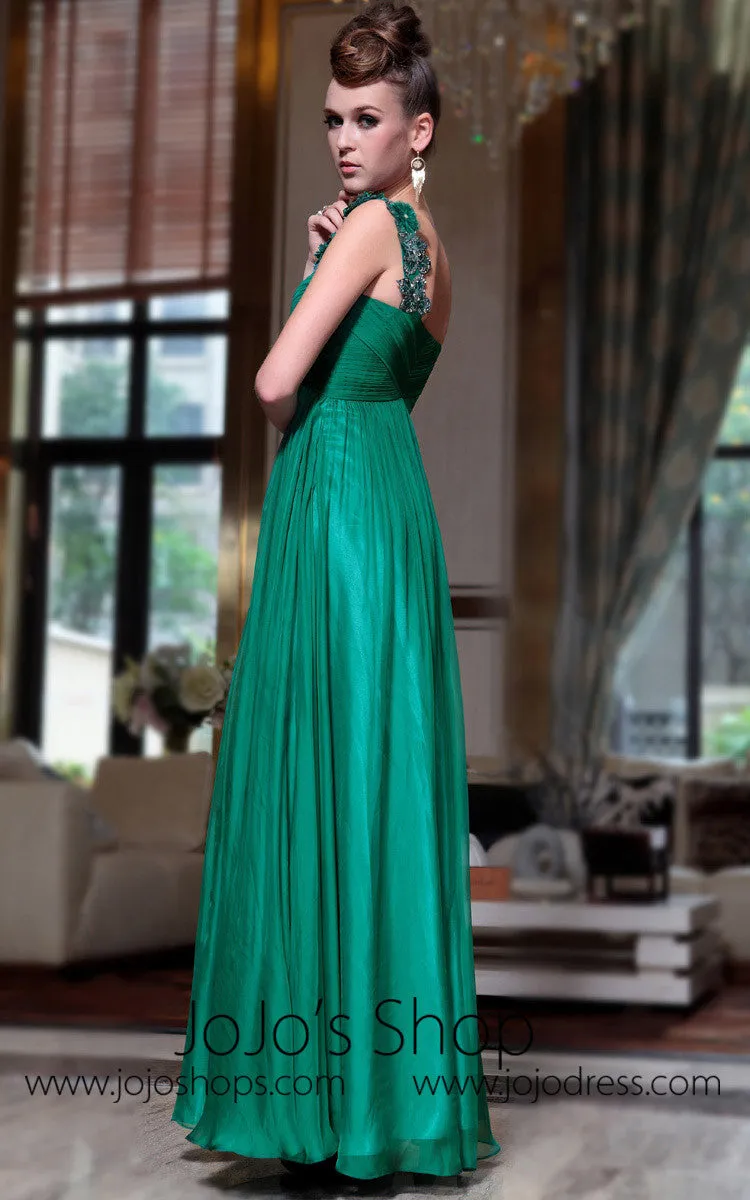 Grecian Green One Shoulder Empire Formal Prom Evening Dress