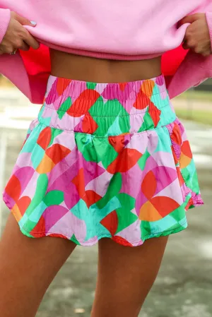 Green Abstract Print Smock Waist Casual Shorts