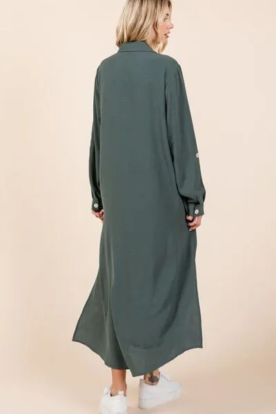 Green V-Neck Long Sleeve Button Down Maxi Dress