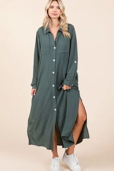 Green V-Neck Long Sleeve Button Down Maxi Dress