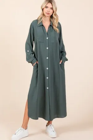 Green V-Neck Long Sleeve Button Down Maxi Dress