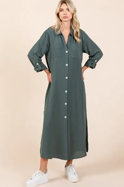 Green V-Neck Long Sleeve Button Down Maxi Dress