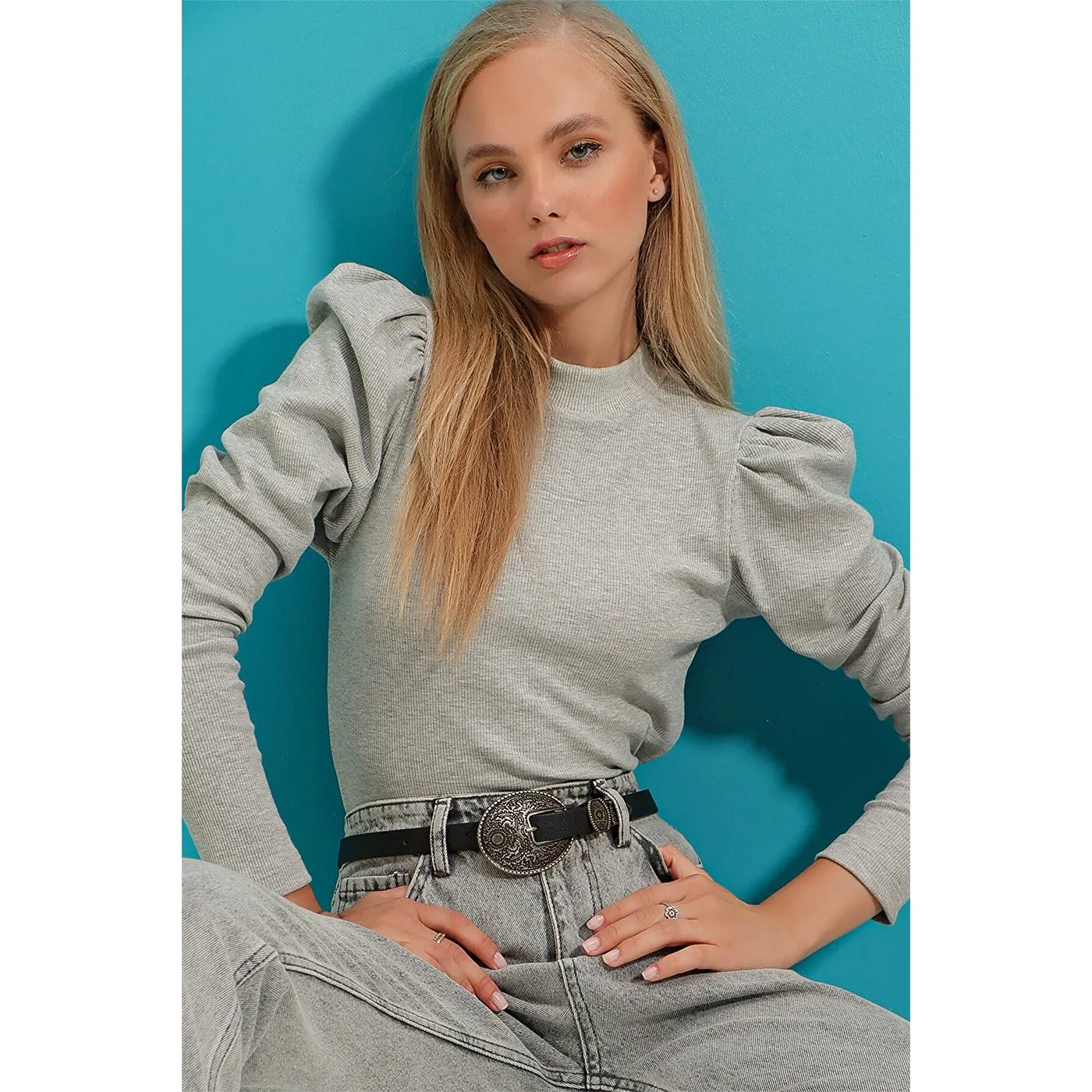 Grey Puff Shoulder Turtleneck Top